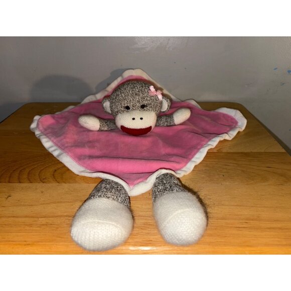 Sock Monkey Baby Starters Lovey Blanket With Pink Satin Back & Plush Knit Monkey - Picture 1 of 8